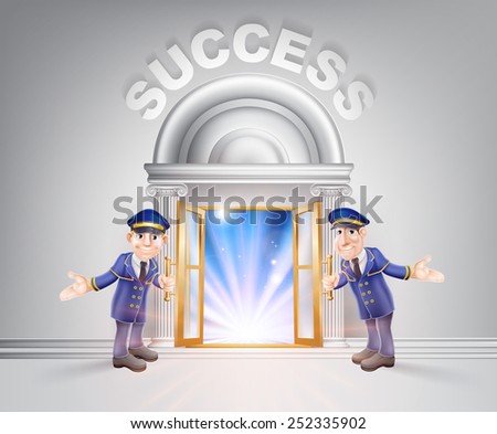 Success concept of a doormen hoding open a door to success with light streaming through it.