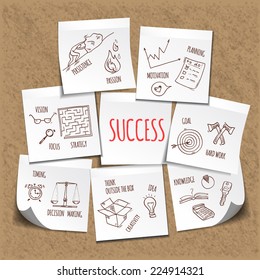 Success concept with drawing success strategy plan written on sticky notes. Workflow layout, diagram, step up options, Vector illustration 