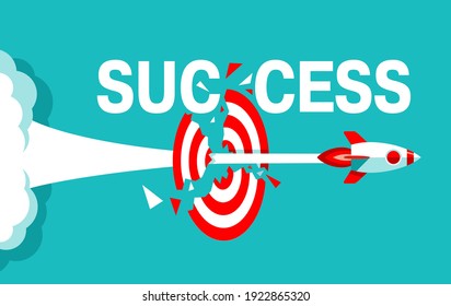 Success concept - flying rocket and piercing a goal target. Idea, growing, start up strategy. Flat vector cartoon illustration.