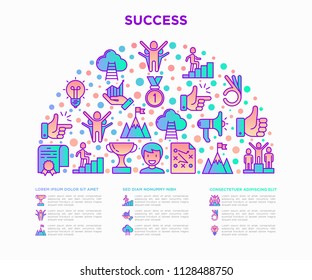 Success concept in half circle with thin line icons: trophy, idea, mountain peak, career, bullhorn, strategy, ladder, winner, medal, award, good choice, easy, certificate. Modern vector illustration.