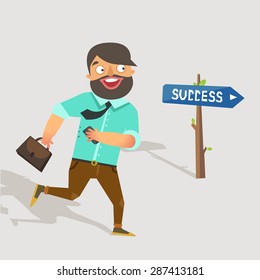 Success concept. Happy businessman running to the success sign. Stylish male character with smart phone and brief case running to achievement. Vector colorful illustration in flat style