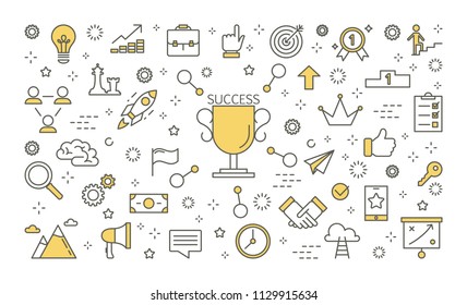 Success concept. Icon set for business, improvement, growth, research and analysis. Isolated line vector illustration