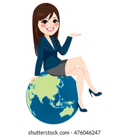 Success concept illustration with Asian businesswoman sitting on world globe