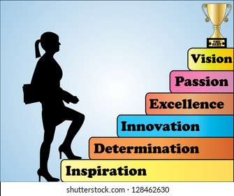 Success Concept Illustration - A Professional Businesswoman climbing a set of necessary behavior steps towards being the best in the world