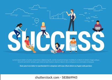 Success concept illustration of young people having the workshop and brainstorming for new brand to achieve successful business result. Flat design of guys and women sitting on big letters and working