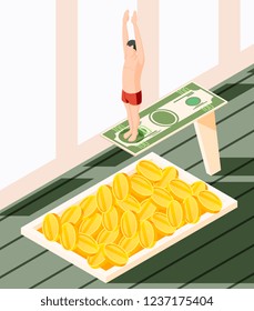 Success concept isometric background with images of pool filled with coins and man on diving tower vector illustration