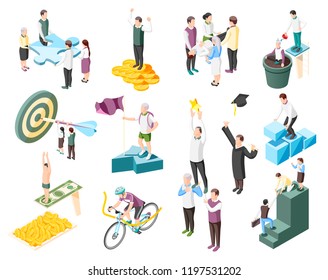 Success concept isometric icons collection with isolated human characters of successful people and goal conceptual icons vector illustration 