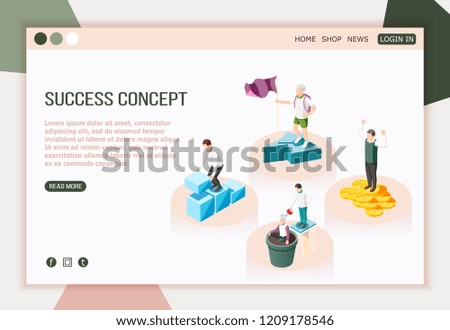 Success concept isometric landing page with read more button editable text and characters of successful people vector illustration