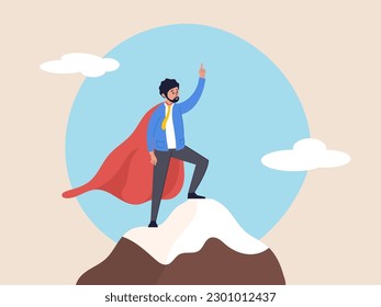 Success concept. Motivation or aspiration to achieve goal. Ambition to success, victory or career growth, challenge or aiming. successful businessman superhero pointing finger up on mountain peak.