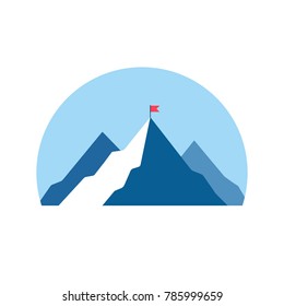 Success Concept. Mountains With Red Flag, Meaning Way To The Top. Vector Illustration