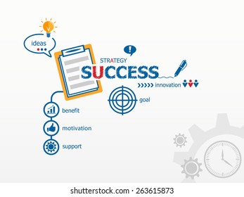 Success concept and notebook. Hand writing Success with blue marker. Workflow layout, diagram