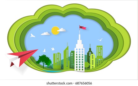 Success concept, Red plane flying on sky to architectural building with a flag on the top, Symbol of goal and achievements in business life (Paper art style)