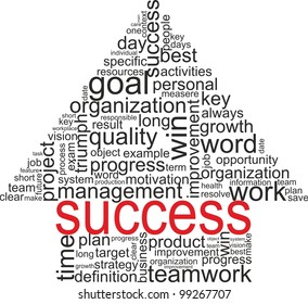 Success concept related words in tag cloud isolated on white. Arrow up with different association terms.