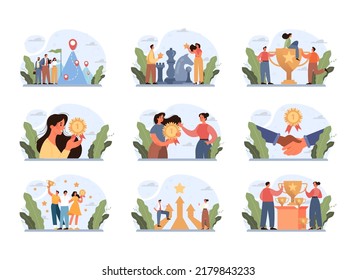 Success concept set. Winning in competition. Getting reward or prize for achievement. Goal, inspiration. hard work and result. Vector illustration in cartoon style