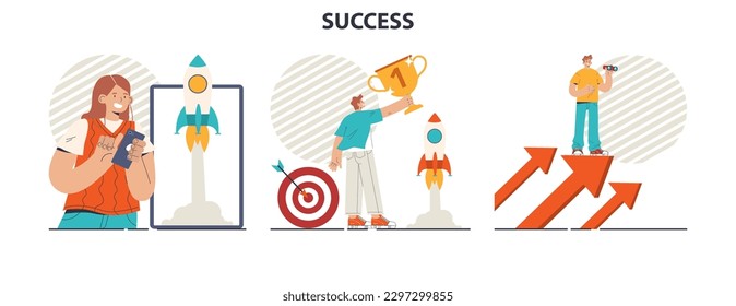 Success concept set. Winning in competition. Getting reward or prize for achievement. Inspiration for a hard work and positive result. Flat vector illustration