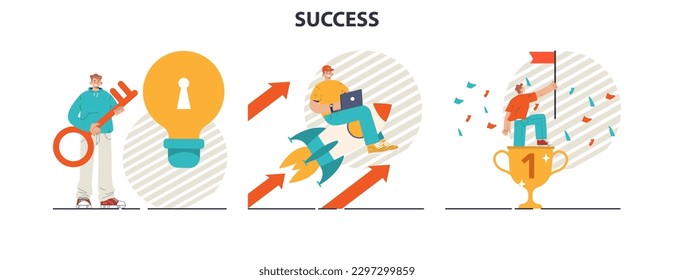 Success concept set. Winning in competition. Getting reward or prize for achievement. Inspiration for a hard work and positive result. Flat vector illustration