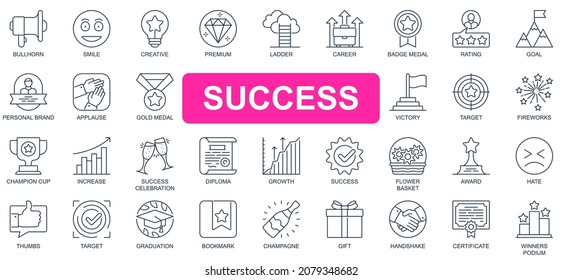 Success concept simple line icons set. Bundle of creative, premium, ladder, career, rating, goal, champion cup, growth, victory and other. Vector pack outline symbols for website or mobile app design