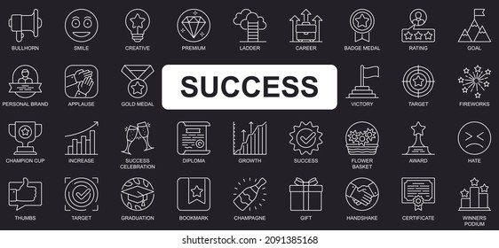 Success concept simple line icons set. Bundle of creative, premium, ladder, career, rating, goal, champion cup, growth, victory and other. Vector pack outline symbols for website or mobile app design