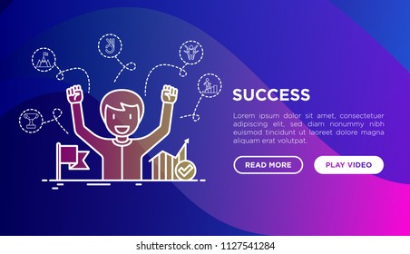 Success concept: smiling man with hands raised has achieved career growth. Thin line icons: trophy, mountain peak, ladder, winner. Vector illustration, web page template on gradient background.