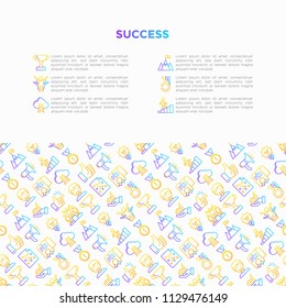 Success concept with thin line icons: trophy, idea, mountain peak, career, bullhorn, strategy, ladder, winner, medal, award, good choice, easy, certificate. Vector illustration, print media template.