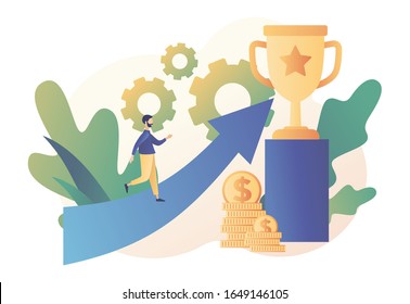 Success concept. Tiny People with Prize, Cup. Business Team Success, Achievement Concept. Businessman steps up to success. The road that leads to success.Modern flat cartoon style. Vector illustration
