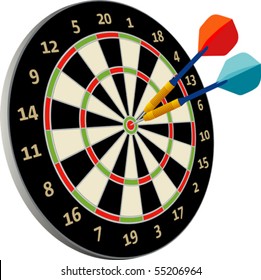 Erfolg! - Erfolgskonzept, zwei Darts, die auf einem Dartboard, einzeln auf Weiß, auf das Bullenauge treffen. Vektorgrafik. Geeignet für Internet, Werbung, redaktionelle Grafiken. Sehen Sie andere auf "Objekte" gesetzt.