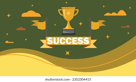 success concept vector banner design with beautiful scenic background, trophy icon, flags, ribbon and typography. Business success concept modern minimal graphic poster illustration.