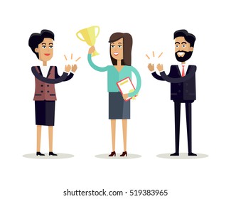 Success concept vector in flat style. Successful woman raises cup above her head and receives applause from colleagues. Illustration for business concepts, web pages design, infographics.   