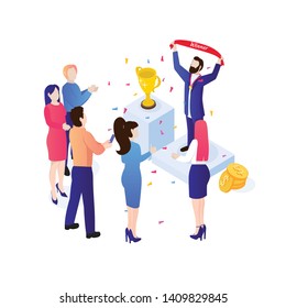 Success concept. Winner with trophy cup and confetti. Winner vector illustration with success people.