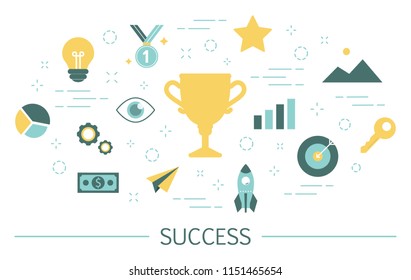 Success concept. Winning in competition. Getting reward or prize for achievement. Goal, inspiration. hard work and result. Set of business icons. Isolated flat vector illustration