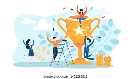 Success concept. Winning in competition. Getting reward or prize for achievement. Goal, inspiration. hard work and result. Vector illustration in cartoon style