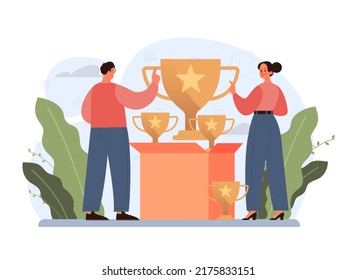 Success concept. Winning in competition. Getting reward or prize for achievement. Goal, inspiration. hard work and result. Vector illustration in cartoon style