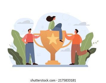 Success concept. Winning in competition. Getting reward or prize for achievement. Goal, inspiration. hard work and result. Vector illustration in cartoon style