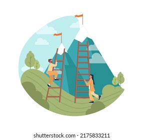 Success concept. Winning in competition. Getting reward or prize for achievement. Goal, inspiration. hard work and result. Vector illustration in cartoon style