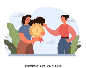 Success concept. Winning in competition. Getting reward or prize for achievement. Goal, inspiration. hard work and result. Vector illustration in cartoon style