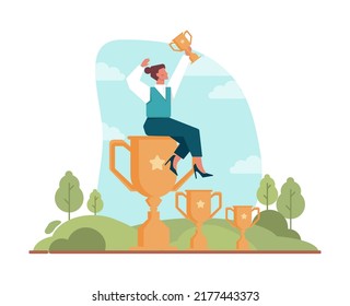 Success concept. Winning in competition. Getting reward or prize for achievement. Goal, inspiration. hard work and result. Vector illustration in cartoon style