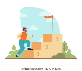 Success concept. Winning in competition. Getting reward or prize for achievement. Goal, inspiration. hard work and result. Vector illustration in cartoon style
