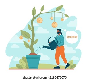 Concepto de éxito. Ganando en competencia. Obteniendo recompensa o premio por logro. Objetivo, inspiración. trabajo duro y resultado. Ilustración vectorial plana