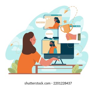 Success concept. Winning in competition. Getting reward or prize for achievement. Goal, inspiration. hard work and result. Flat vector illustration