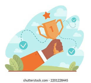 Success concept. Winning in competition. Getting reward or prize for achievement. Goal, inspiration. hard work and result. Flat vector illustration