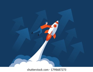 Success concept - young successful man riding the space rocket and arrows up on background - vector cartoon illustration