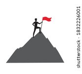 Success concept.A man with a red flag stands on top of a mountain. Symbol Winner.Number one. The climber conquered the peak.Winning from competitors. Isolated stock vector illustration.