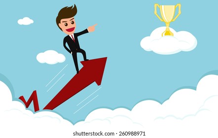 Success concept.businessman rides red arrow to trophy on cloud.vector illustration.