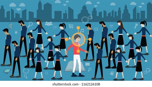 Success Concept,Walk Against Crowd,Happy Man Walk Against Unhappy Person Groups – Vector Illustration