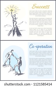 Success cooperation set of posters with text sample, sketch of man on mountain peak with trophy in hands and males going upstairs together vector