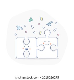 Success, Cooperation, Team and Teamwork, Connect connectors, Assemble the Puzzle, Cooperation interaction, Solution concept. Flat outline vector Puzzle Pieces, cute icon on white background.