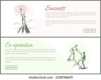 Success Co-operation Web Sites Text Easy To Edit And Buttons, Set Of Online Successful Teambuilding Posters Vector Illustration Isolated On White