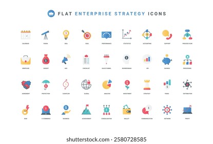 Success of corporate company, effective enterprise strategy, communication color icon set. KPI investment and financial consolidation, profit increase, risk analysis flat elements vector illustration