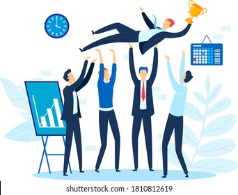 Success corporate victory, business celebration party vector illustration. Professional group achievement, happy man teamwork win. Successful people character toss up leader in office.
