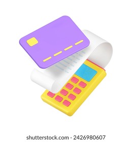 Success credit debit card payment with bill receipt and POS terminal shopping transaction 3d icon realistic vector illustration. Contactless paying system banking technology e money checkout purchase